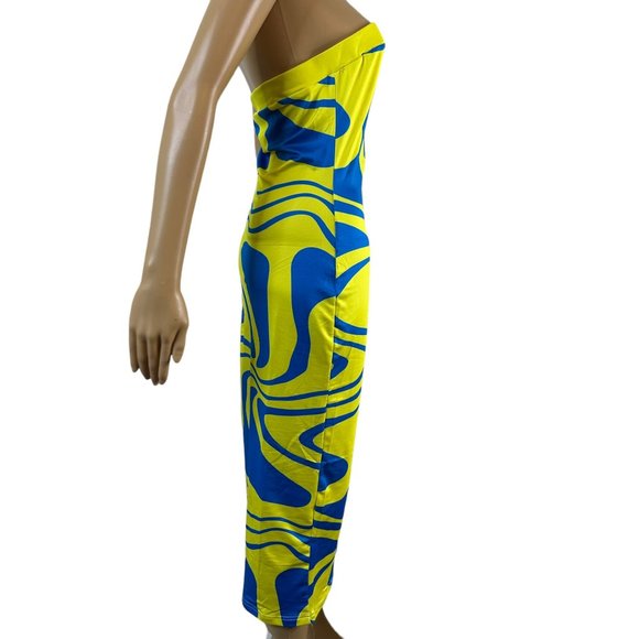 Women Bodycon Strapless Dress Large Yellow Blue Midi Stretch Backless - Picture 6 of 15